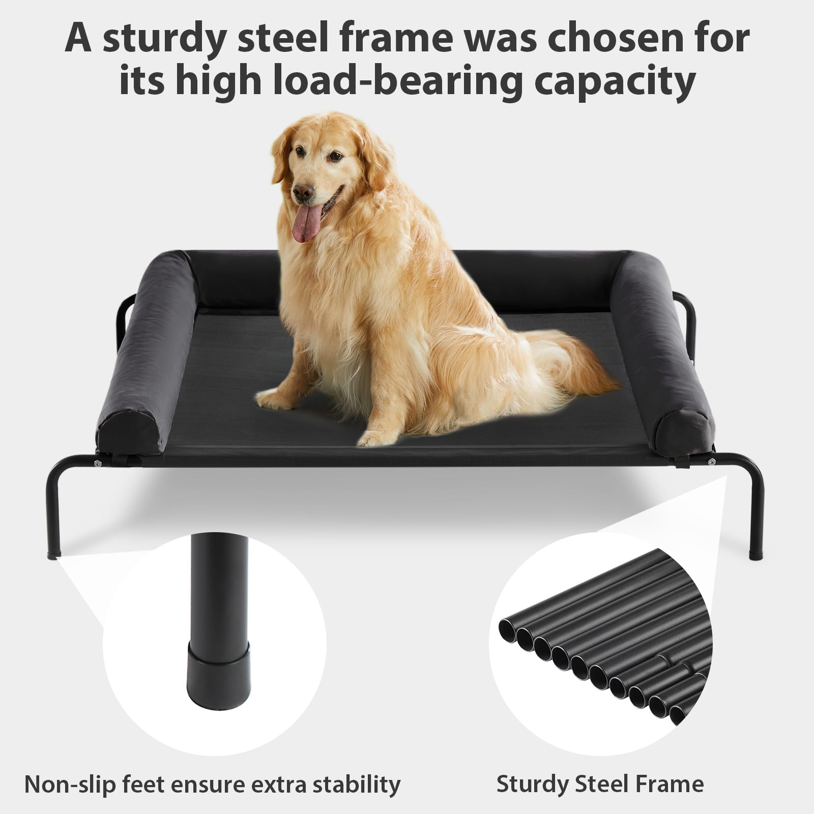 RRPETHOME easy-assembly elevated bed for quick setup anywhere.