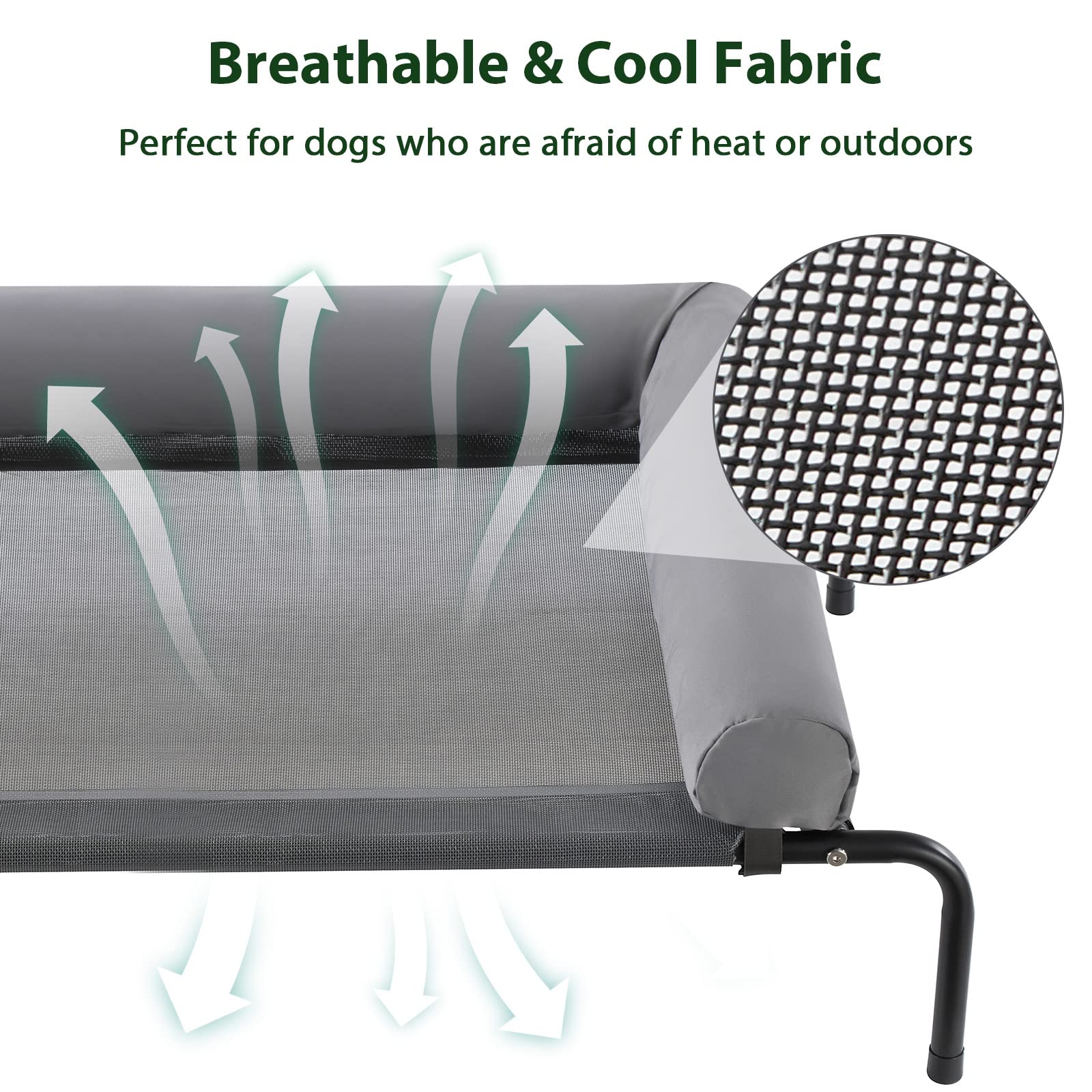 RRPETHOME elevated dog bed clearance closeup shows 8.5-inch off-ground design for airflow