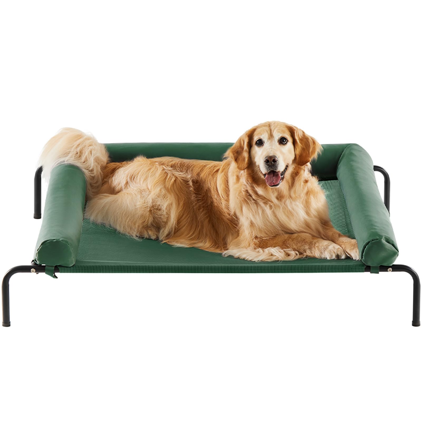 RRPETHOME large elevated cooling dog bed front view shows a sturdy frame for outdoor lounging.