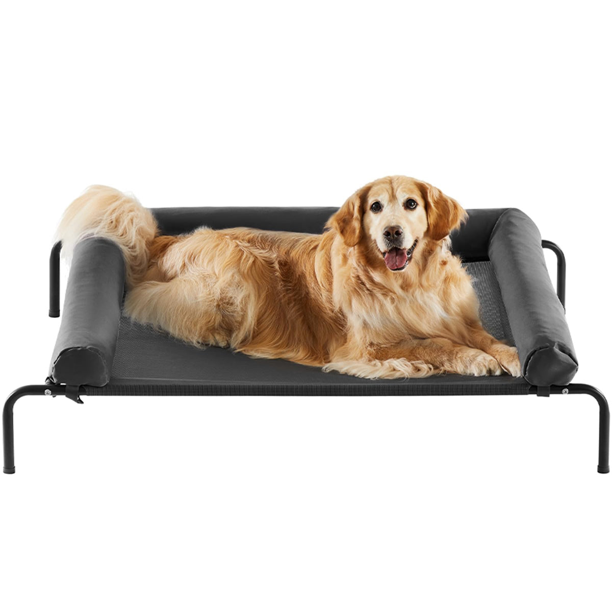 RRPETHOME large elevated cooling dog bed outdoors, stable frame keeps pets comfortable.