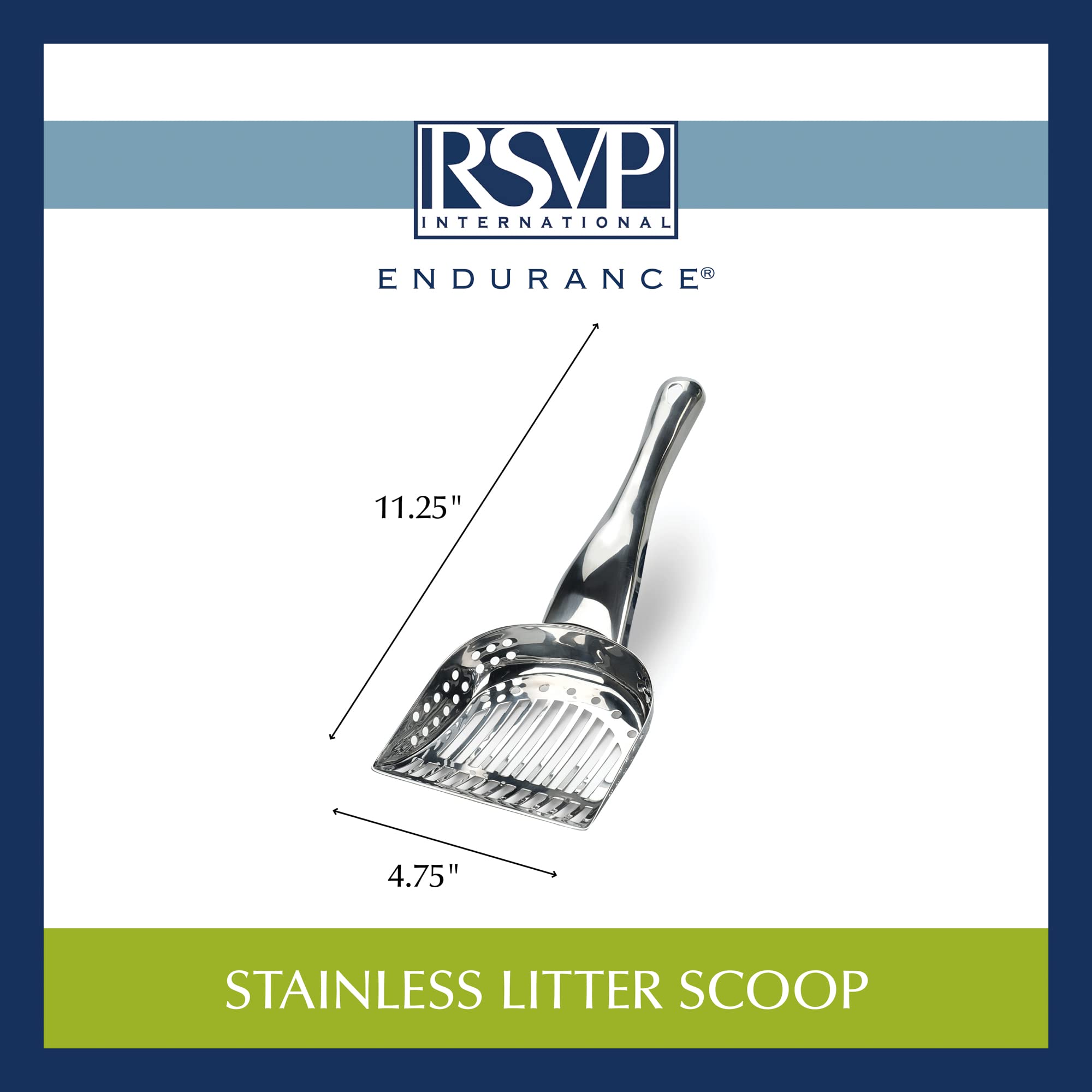 RSVP Endurance kitty scoop easy-care design cleans with soap and water.