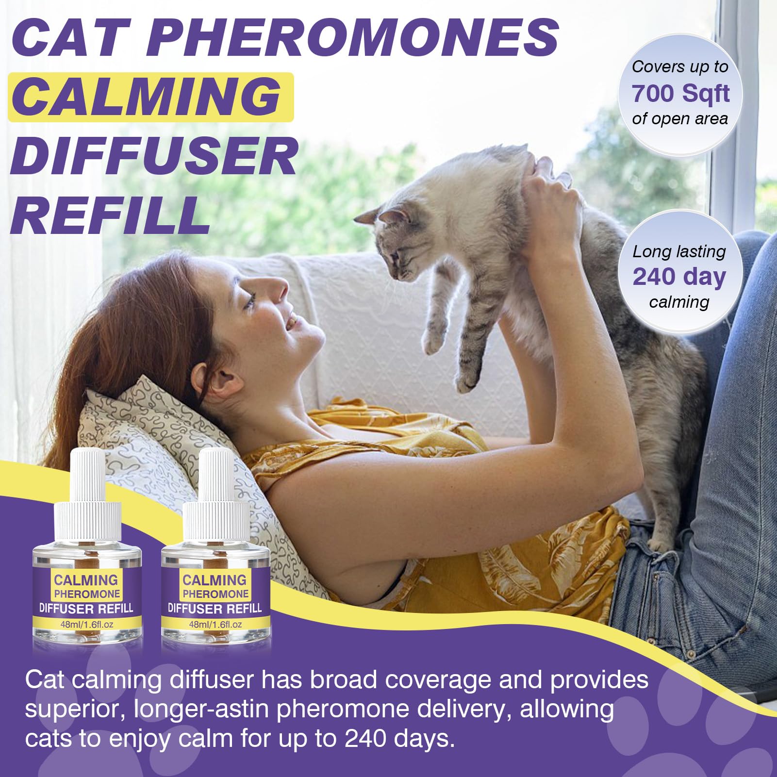 RUAKPL cat pheromone diffuser refills in room setup showing wide coverage up to 700 sq ft