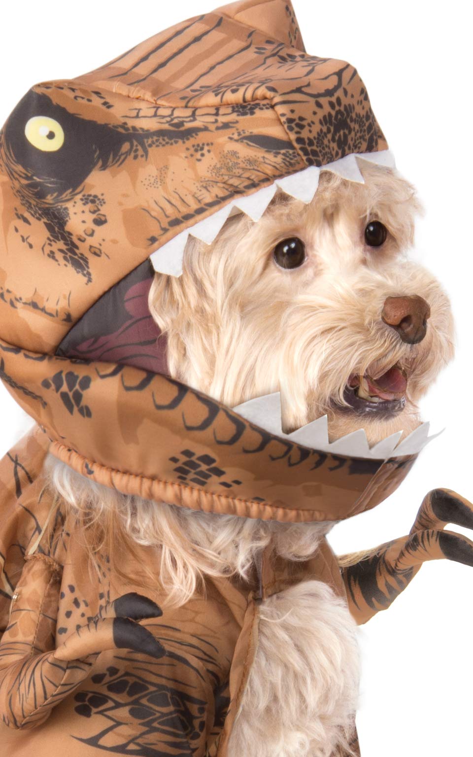Rubies Jurassic World T-Rex pet costume full-body view showcases tail and arms for cosplay fun.
