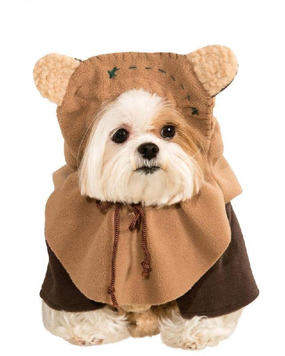 Rubie's Star Wars Ewok costume jacket-headpiece on a small dog for cosplay fun.
