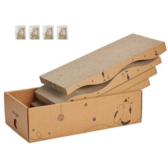 RUBMEOW scratchbox card­board pad ready for use, promoting healthy scratching habits for indoor cats.