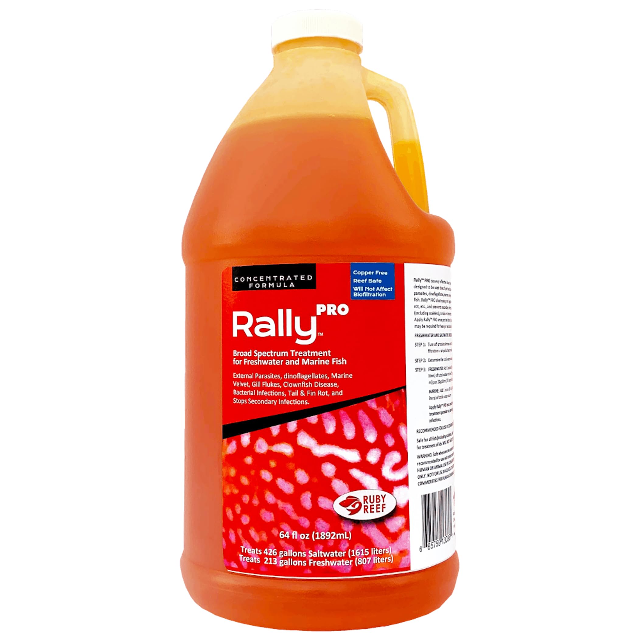 Ruby Reef Rally Pro label detailing reef-safe and biofiltration compatibility