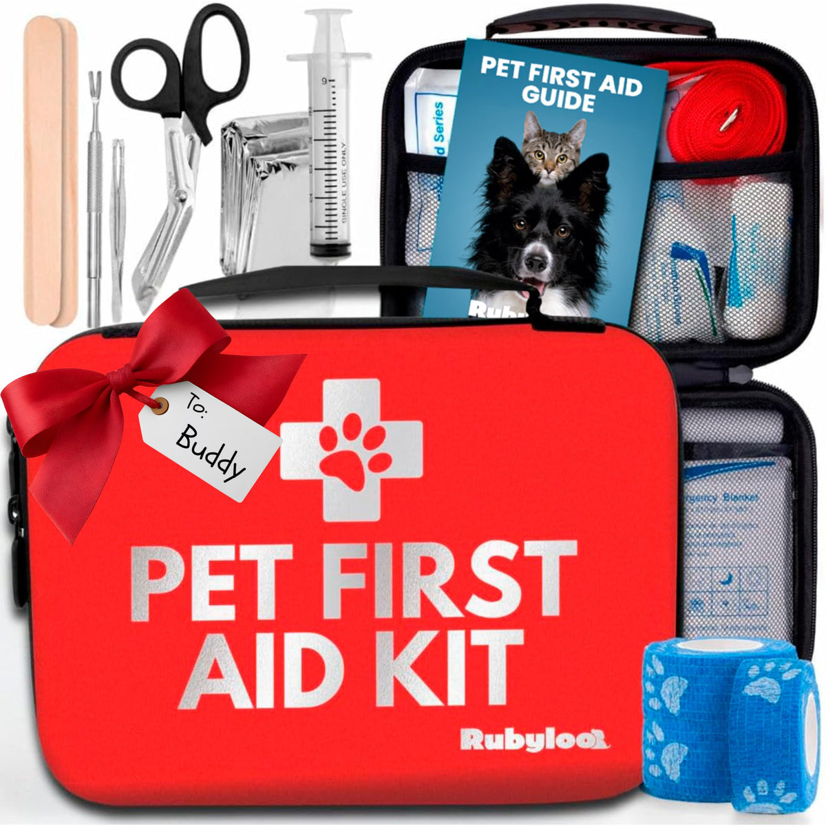 Rubyloo dog first aid kit in a waterproof hard case for travel-ready emergencies.