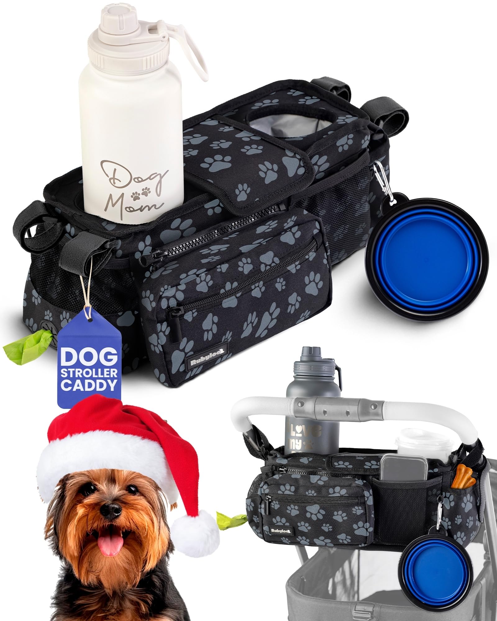 Rubyloo Dog Stroller Caddy front view with organized essentials on walks.