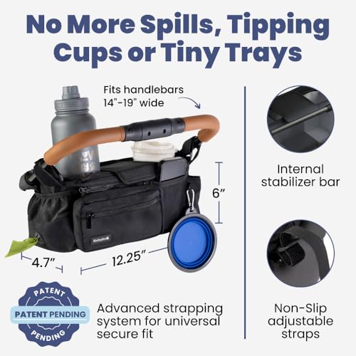Rubyloo dog stroller caddy insulated cup holders prevent spills on adventures.