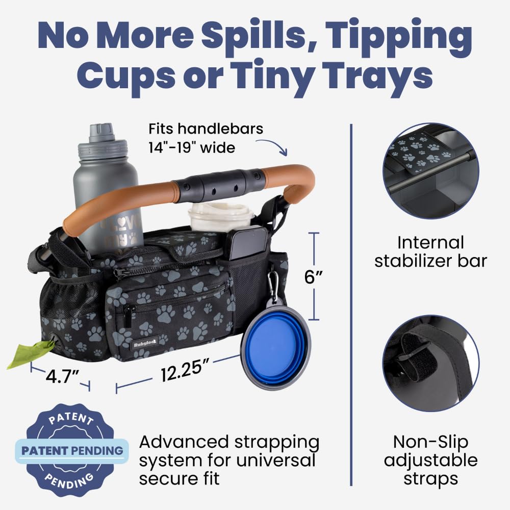 Rubyloo Dog Stroller Caddy insulated cup holders prevent spills.