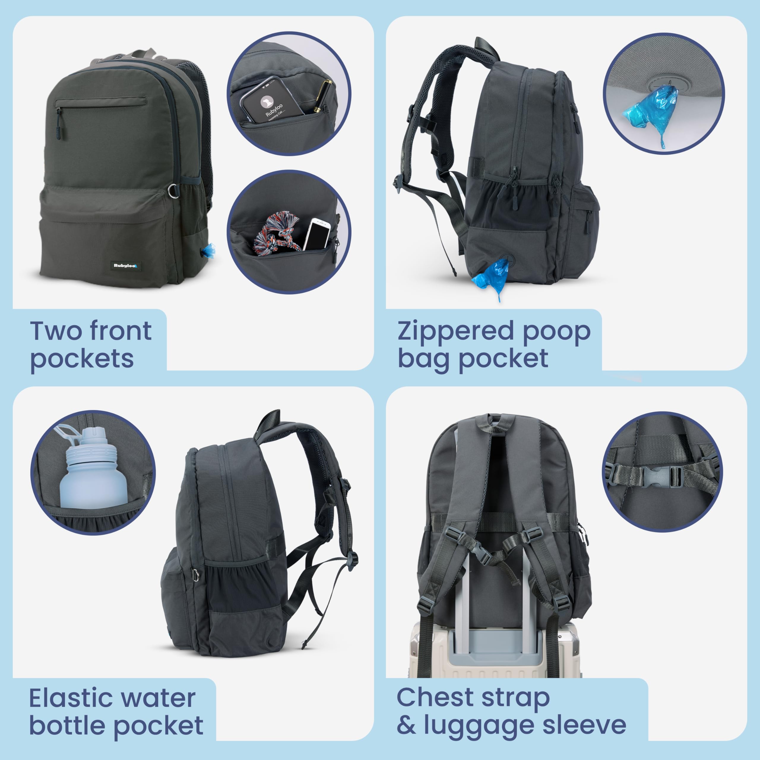 RubyLoo dog travel backpack breathable back panel enhances comfort during long trips