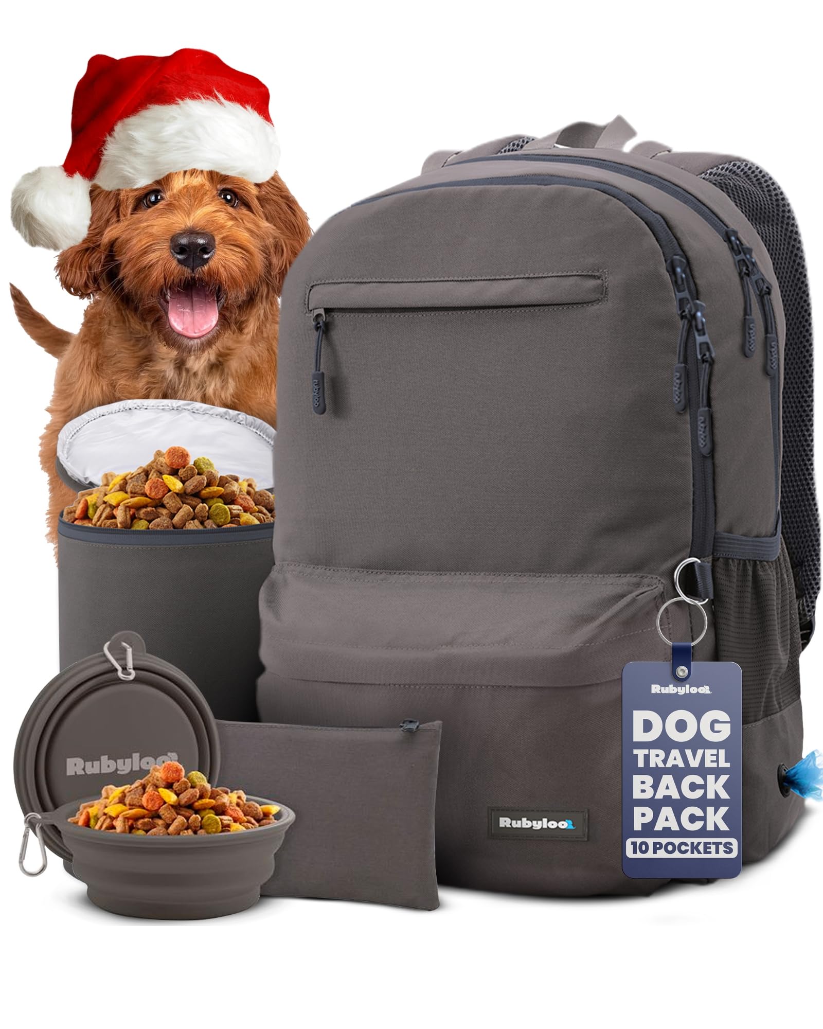 RubyLoo dog travel backpack front view with quick access pockets for on the go convenience
