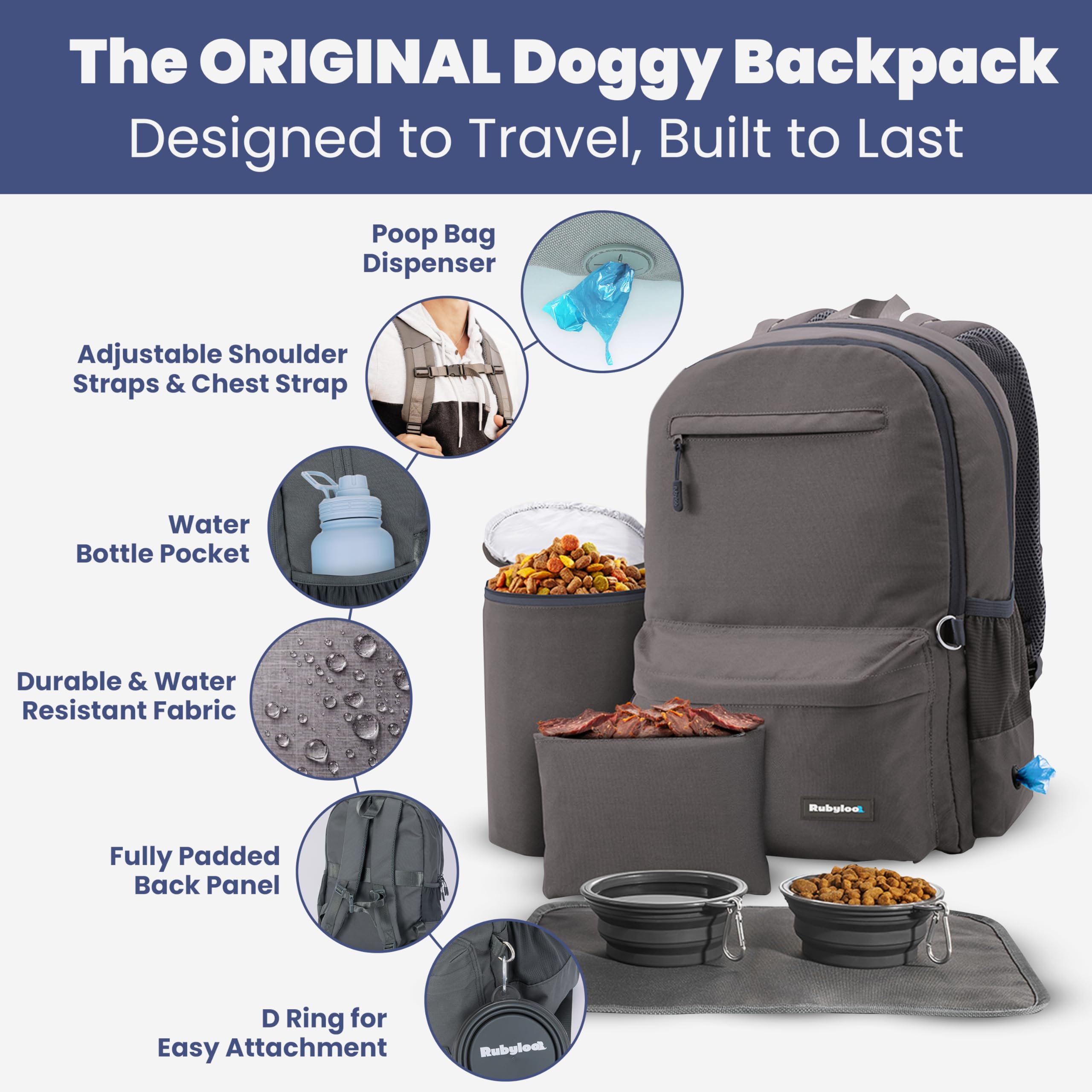 RubyLoo dog travel backpack poop bag dispenser for mess-free outings