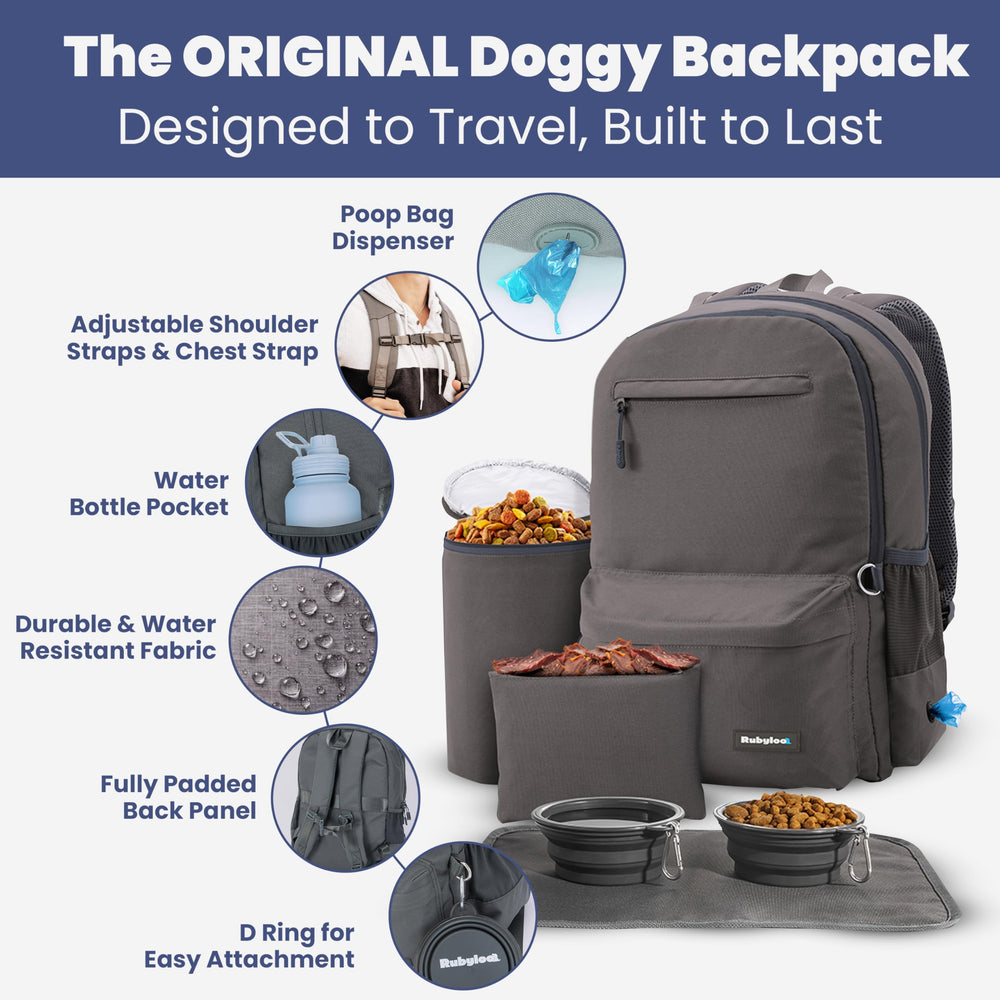 RubyLoo dog travel backpack poop bag dispenser for mess-free outings