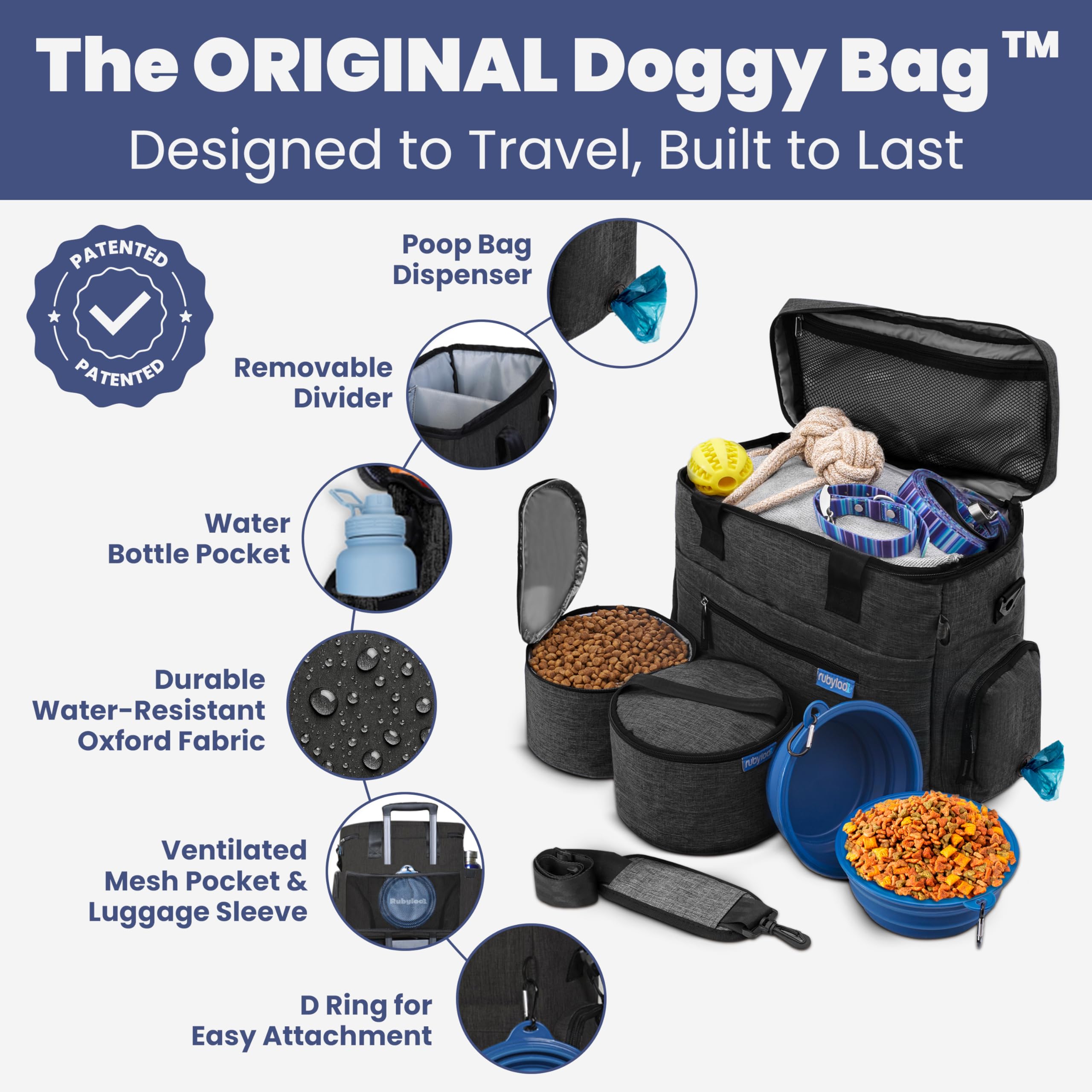 Rubyloo Doggy Bag bowls and containers for easy on-the-go feeding.