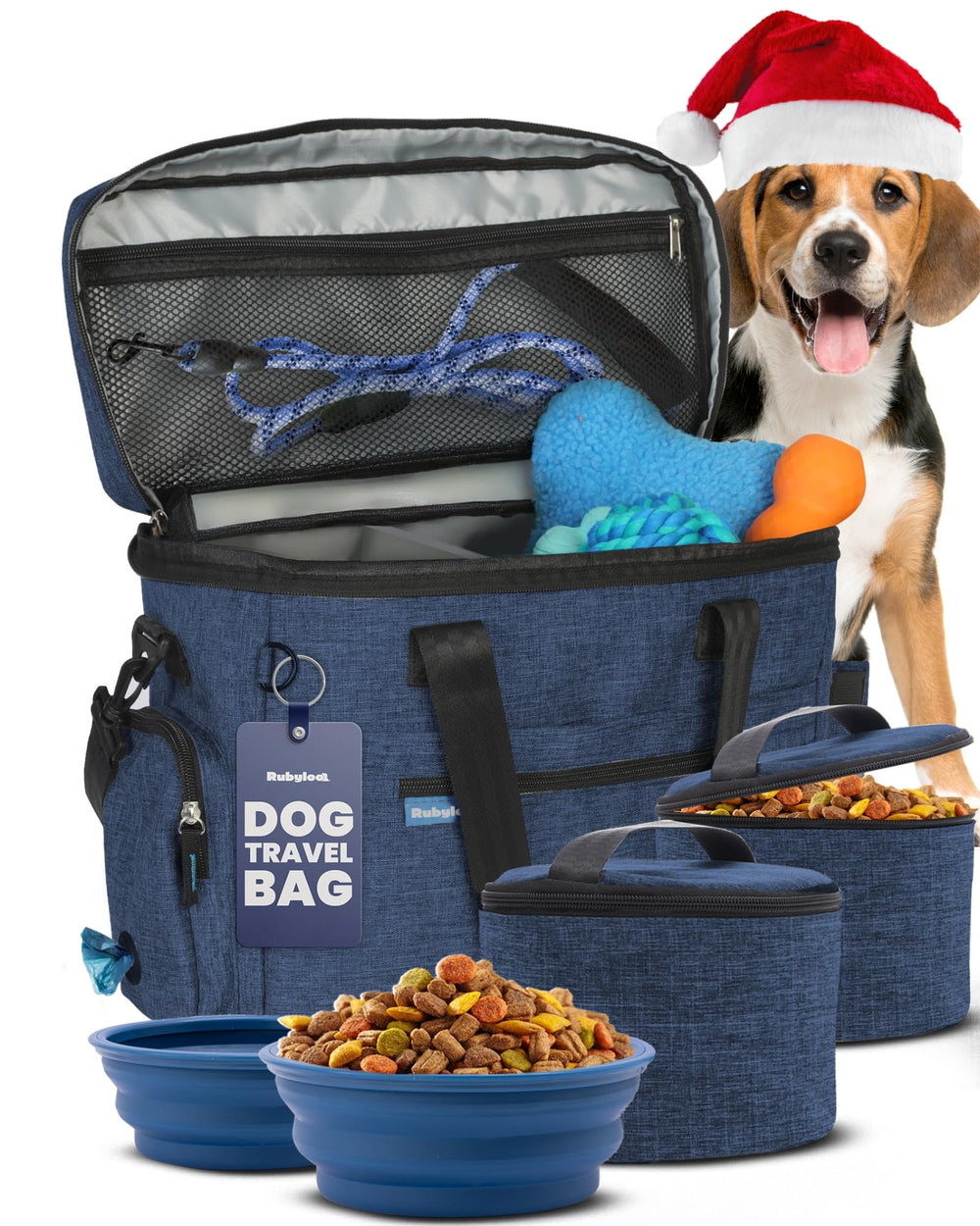 Rubyloo The Original Doggy Bag shows open compartments for quick access on road trips.