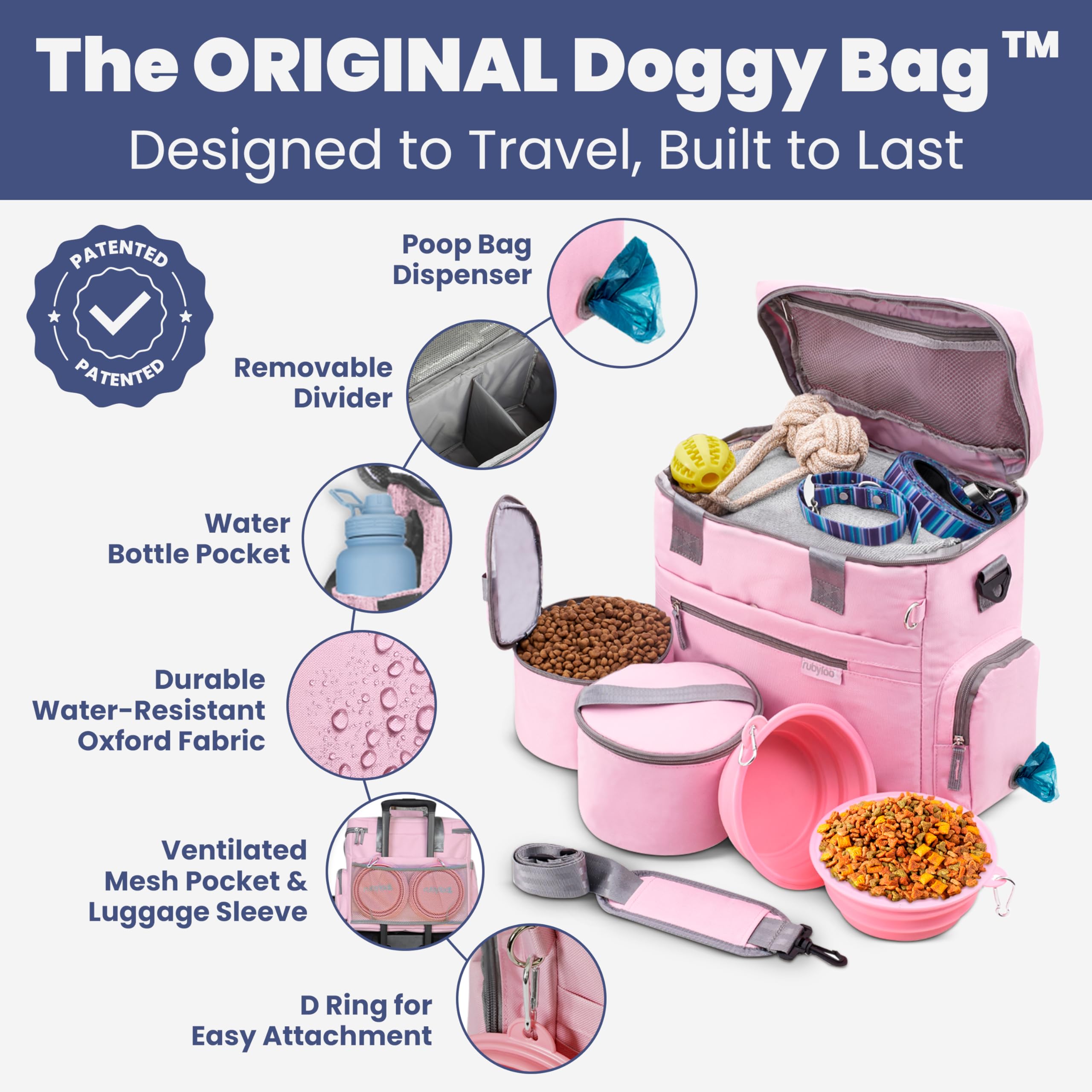 Rubyloo Doggy Bag pockets and dividers in Lt Pink for tidy gear separation