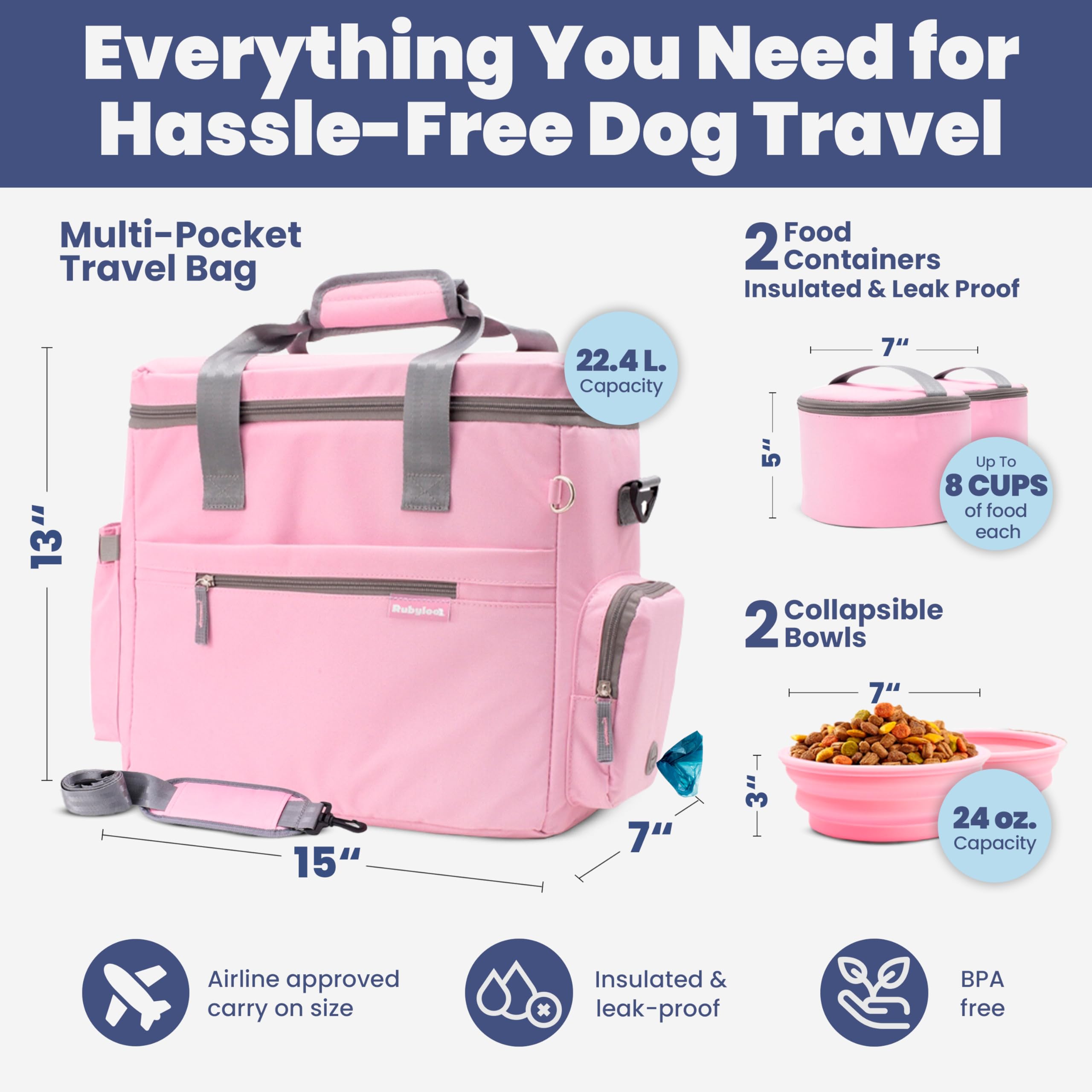 Rubyloo Doggy Bag travel bowls in Lt Pink demonstrate on-the-go feeding