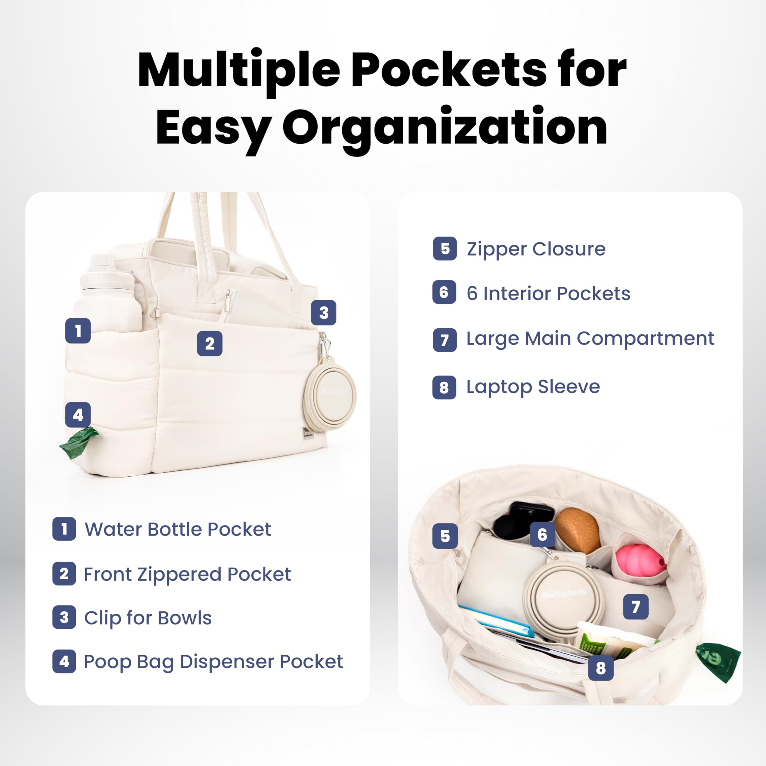 Rubyloo puffer dog travel bag beige food containers neatly stored.