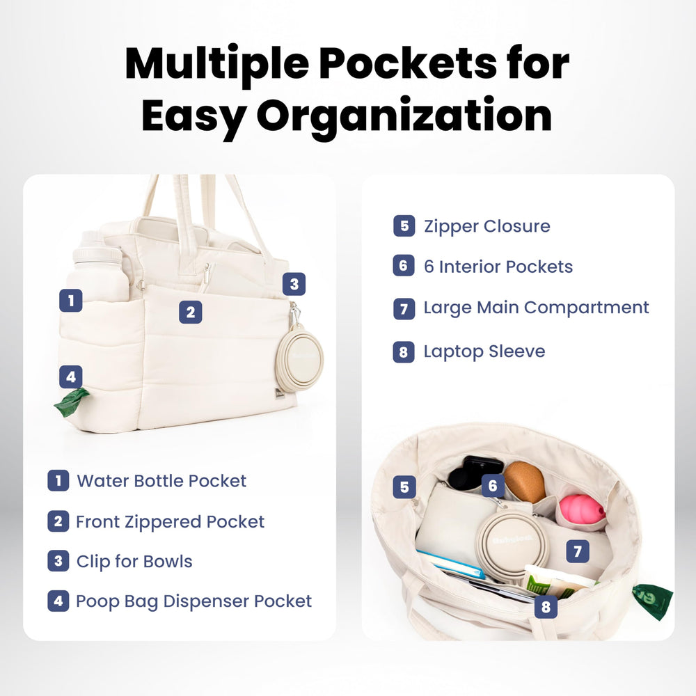 Rubyloo puffer dog travel bag beige food containers neatly stored.
