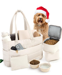 Rubyloo puffer dog travel bag beige front view highlighting 9-pocket organization for dog mom essentials.