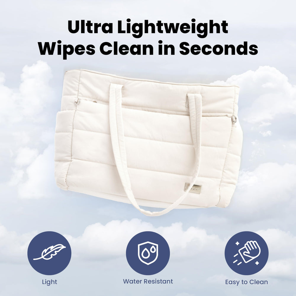 Rubyloo puffer dog travel bag beige packaged in a gift-ready box.