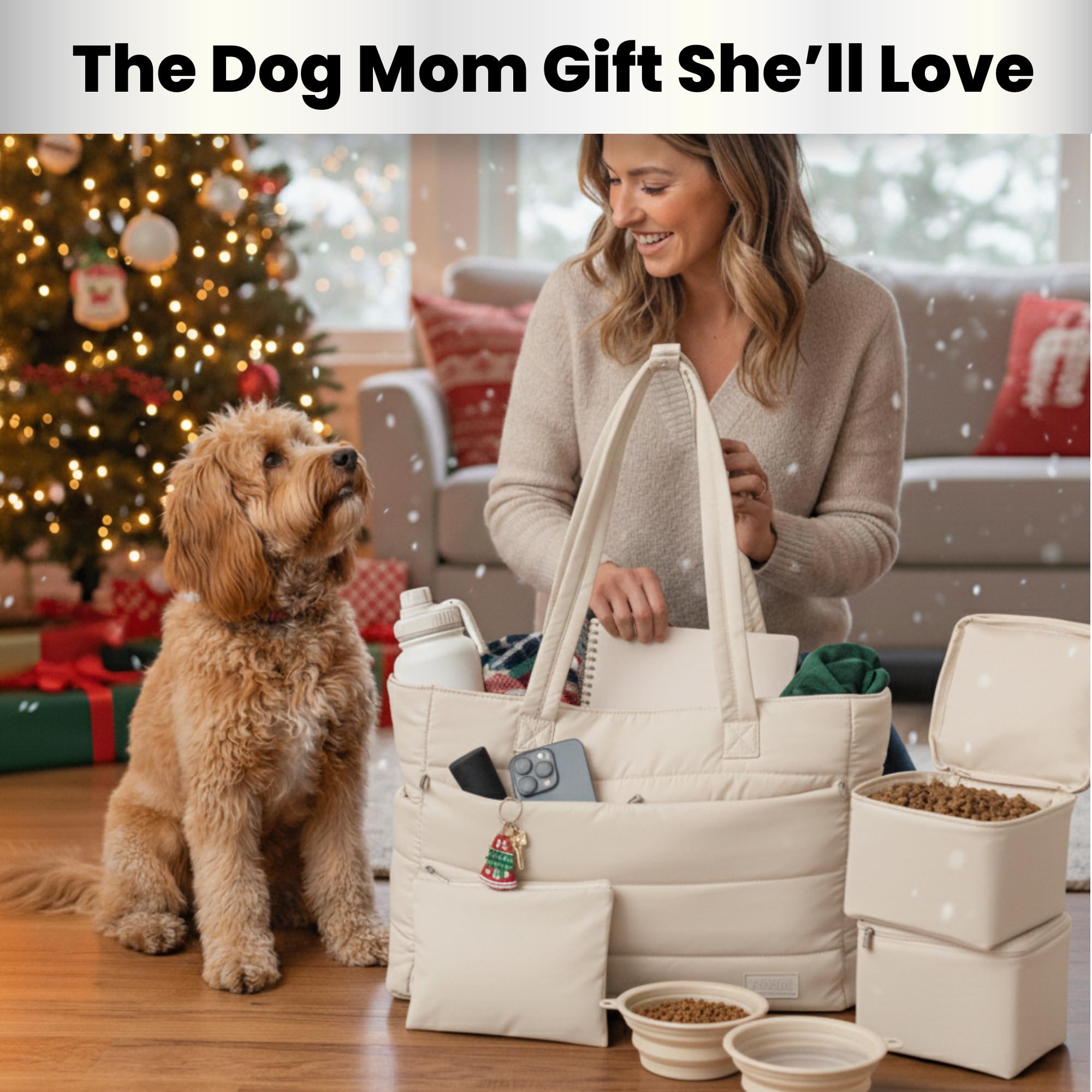 Rubyloo puffer dog travel bag beige outside detail showing weather-resistant quilted nylon.