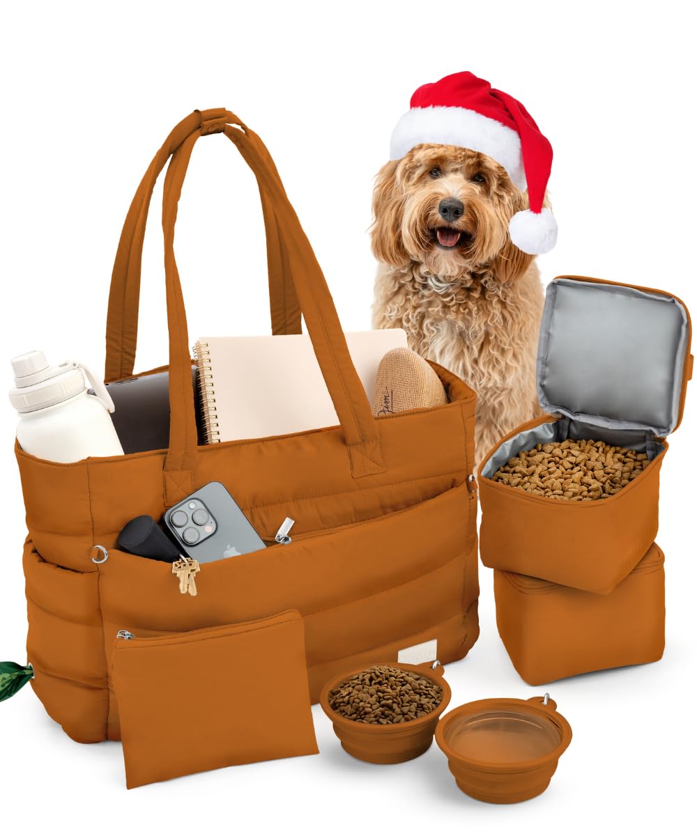 Rubyloo Puffer Dog Travel Bag with collapsible bowls for on-the-go meals.