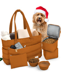 Rubyloo Puffer Dog Travel Bag with collapsible bowls for on-the-go meals.