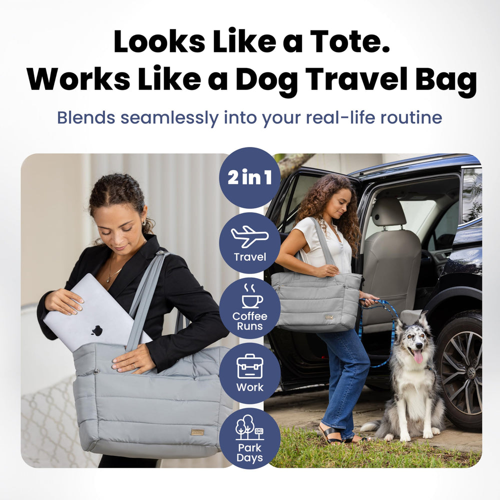 Rubyloo puffer bag grey top view emphasizing gift-ready tote for everyday dog mom use