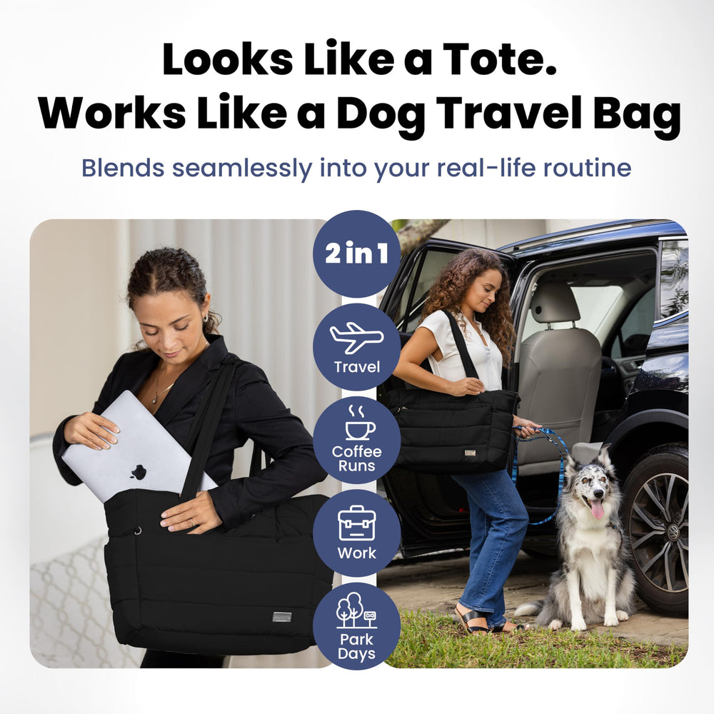 Rubyloo puffer tote back pocket for quick-access essentials during dog walks.