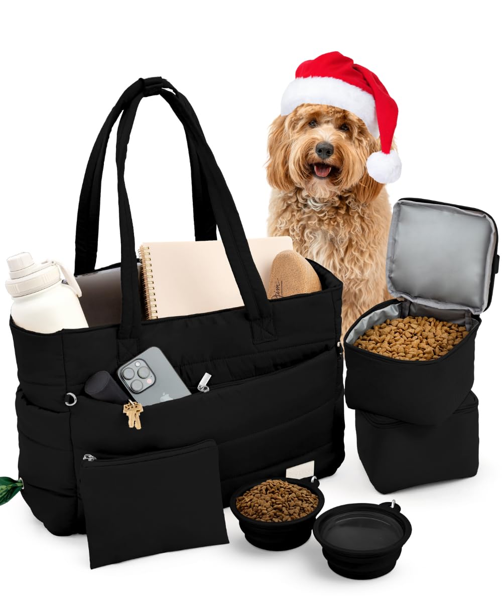Rubyloo puffer tote front view, stylish daily carry for dog moms.