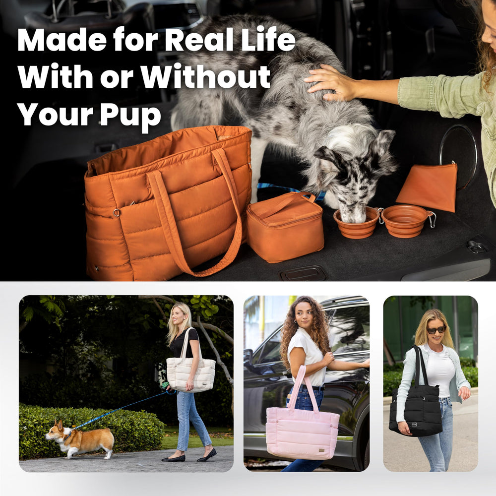 Rubyloo puffer tote poop bag pocket keeps cleanup supplies within reach.