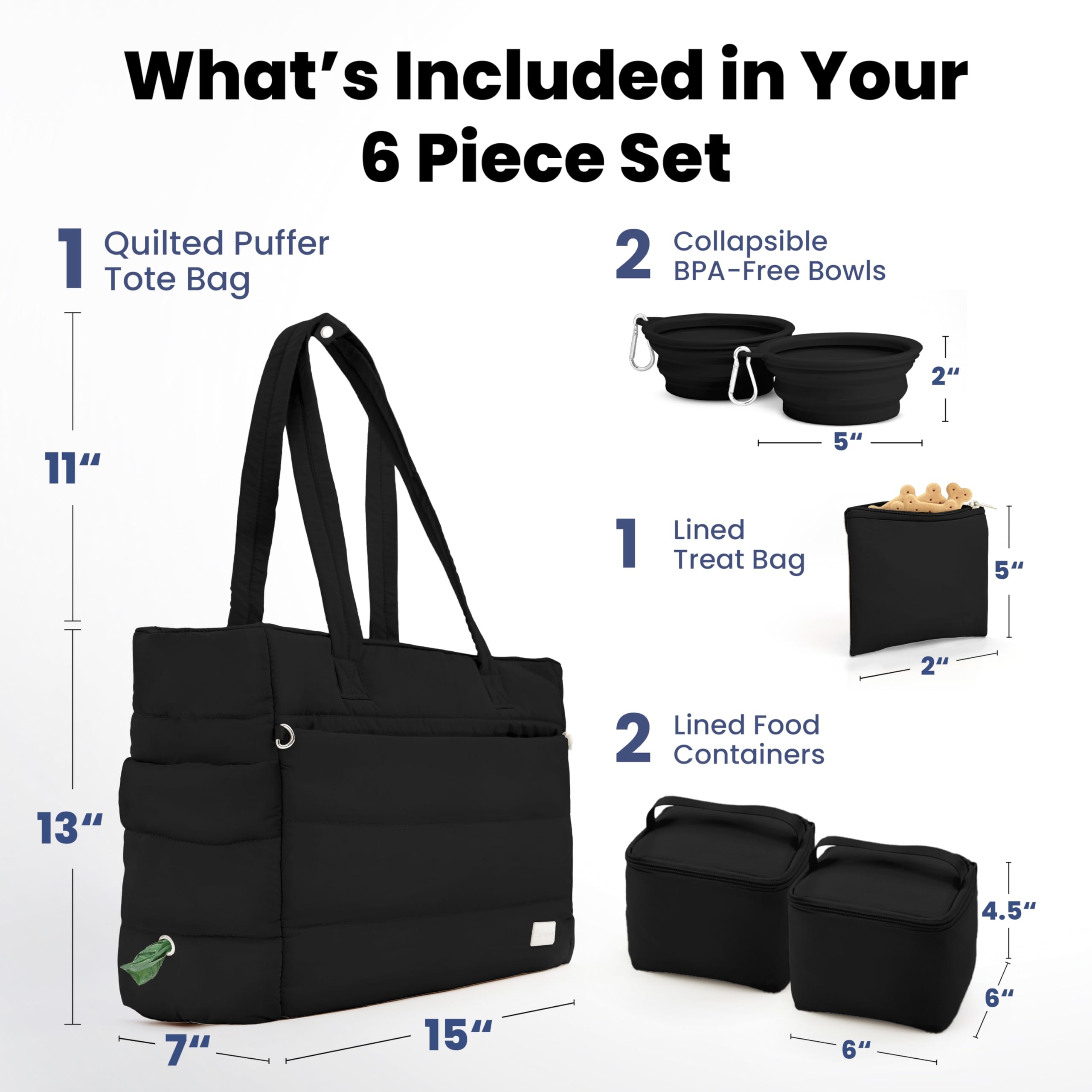 Rubyloo puffer tote with travel bowls included for on-the-go hydration.