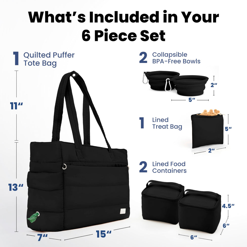Rubyloo puffer tote with travel bowls included for on-the-go hydration.