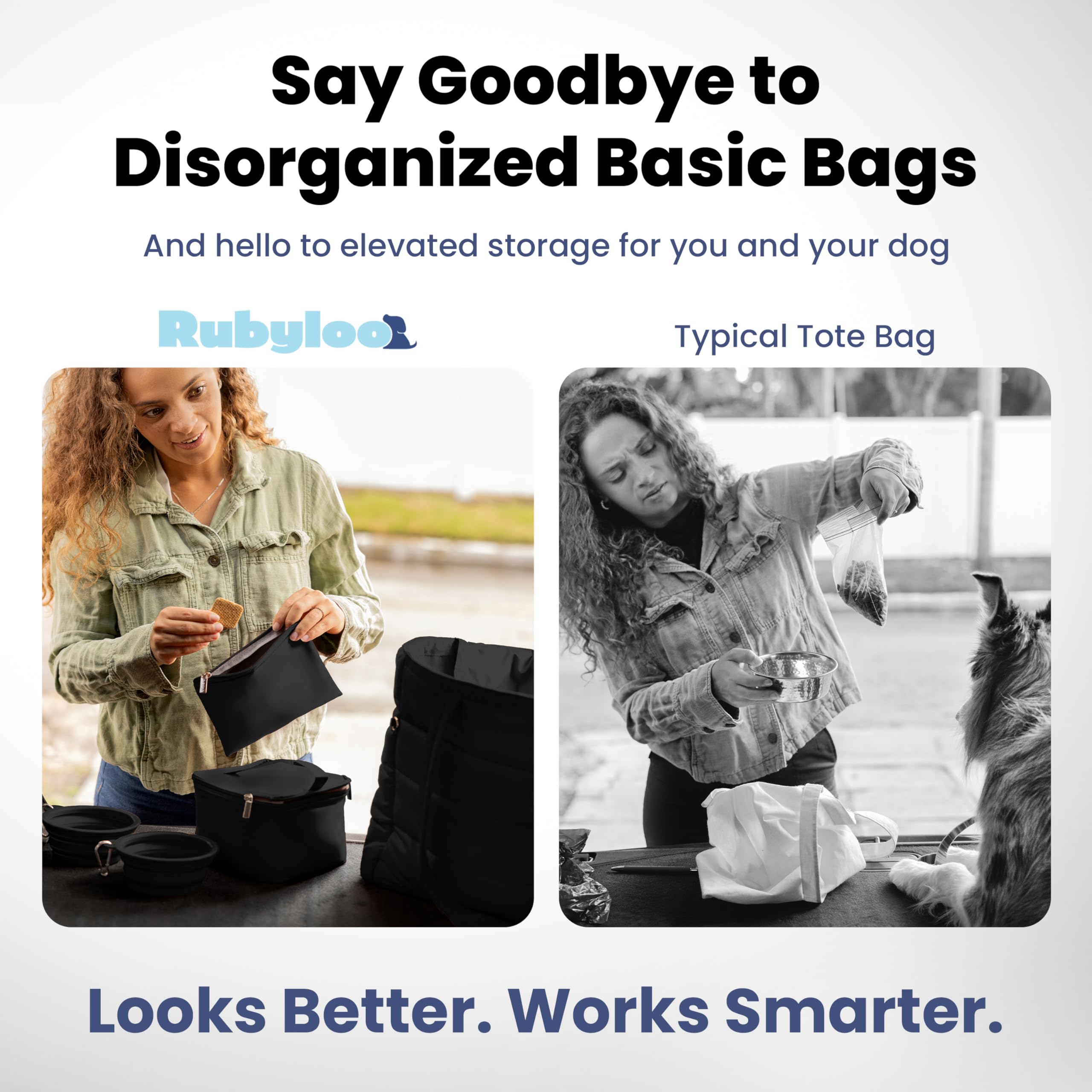 Rubyloo puffer tote wipeable, water-resistant nylon for easy cleaning.