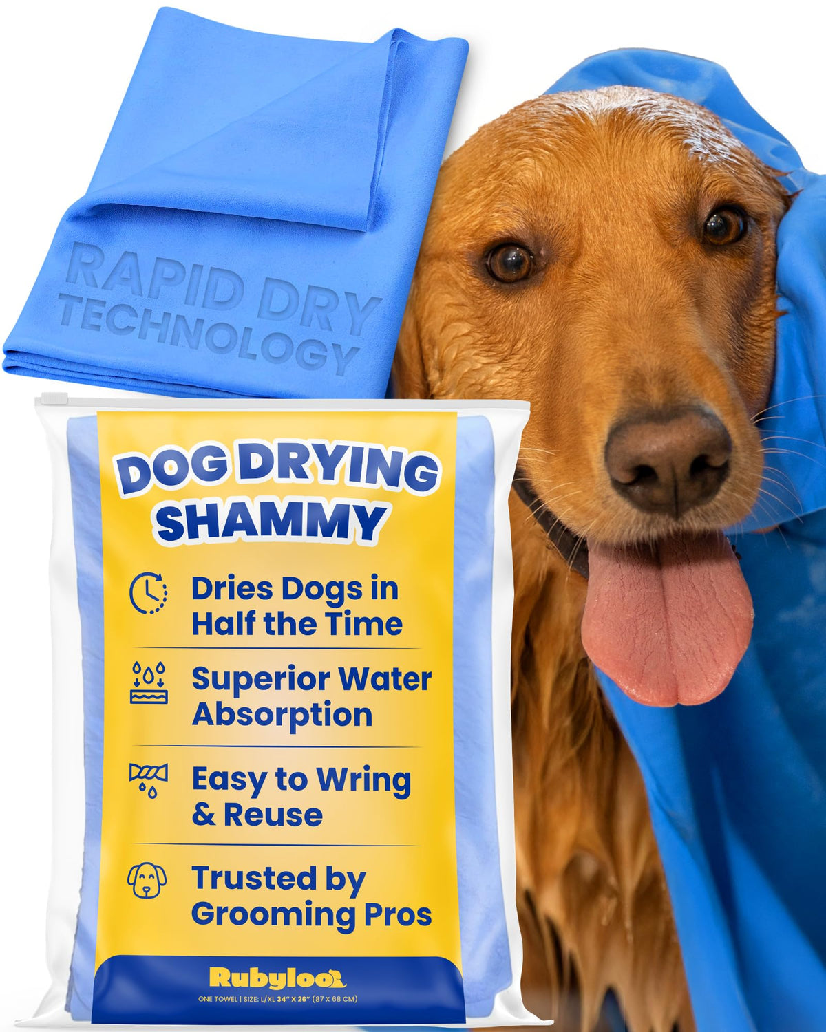 Rubyloo shammy dog towel with rapid dry technology for fast post-bath drying.