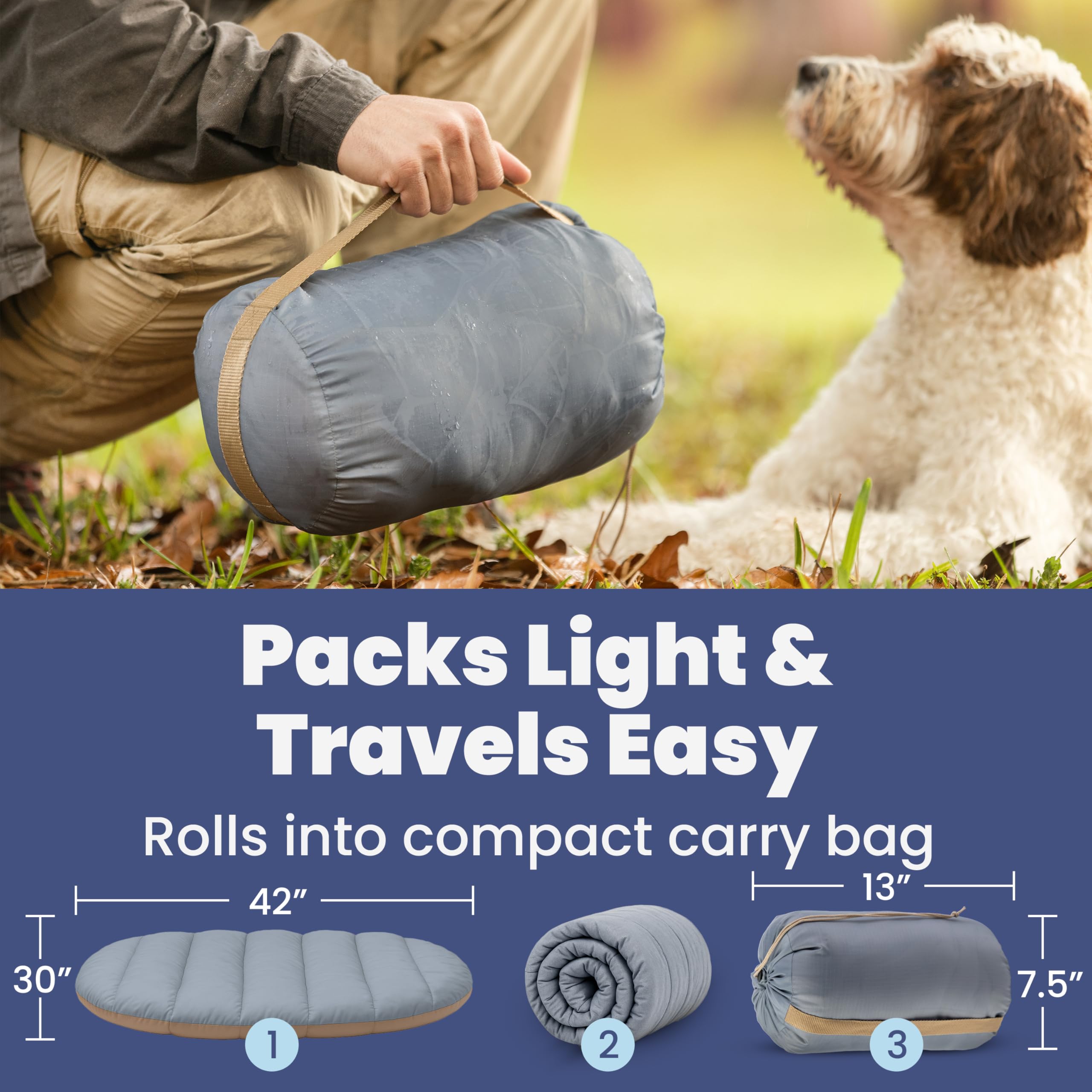 Rubyloo Travel Dog Bed roll-up design for space-saving travel