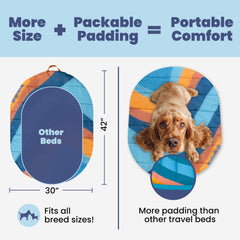 Rubyloo Travel Dog Bed teal unrolled to reveal 42 by 30-inch resting area.