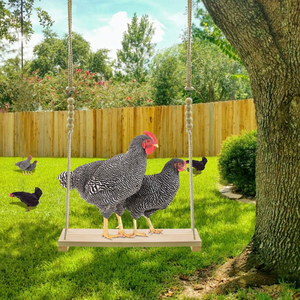 RubyQ chicken swing toy in coop shows birds perching and playing.