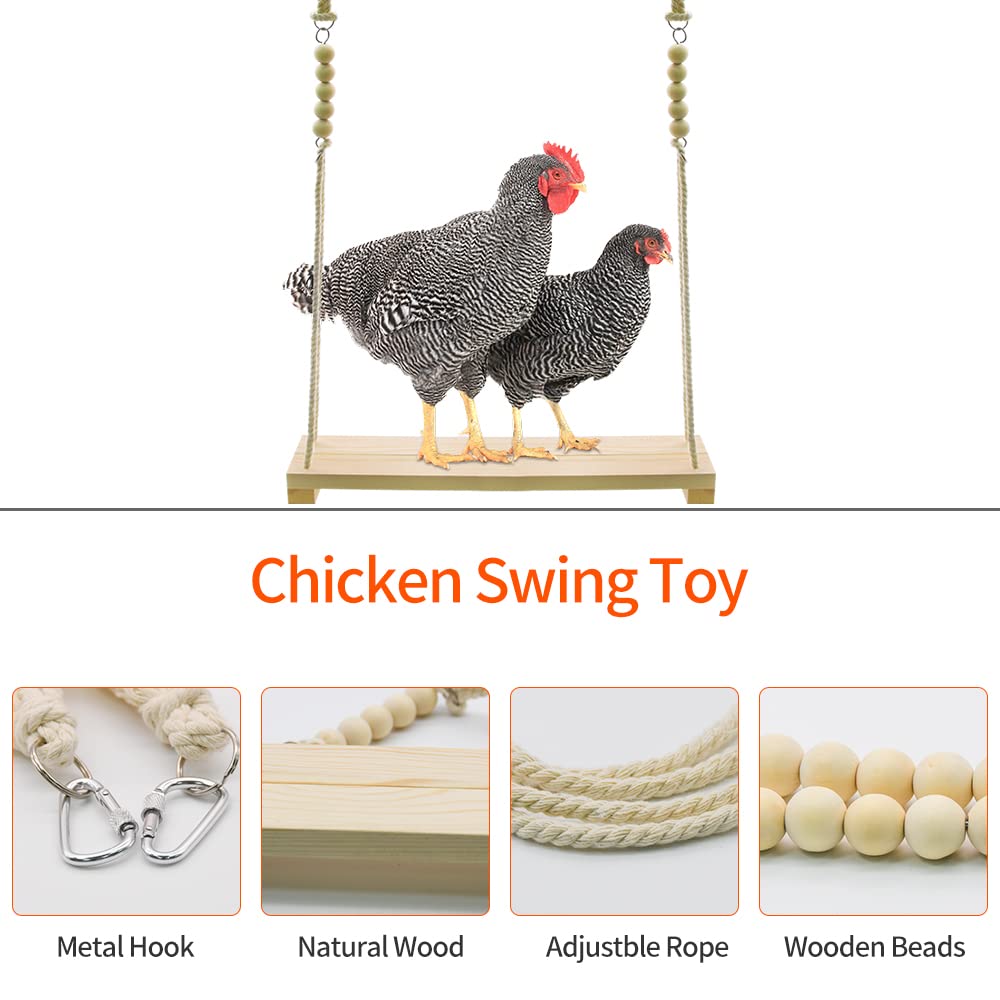 RubyQ chicken swing toy natural wood close-up highlights sturdy construction.