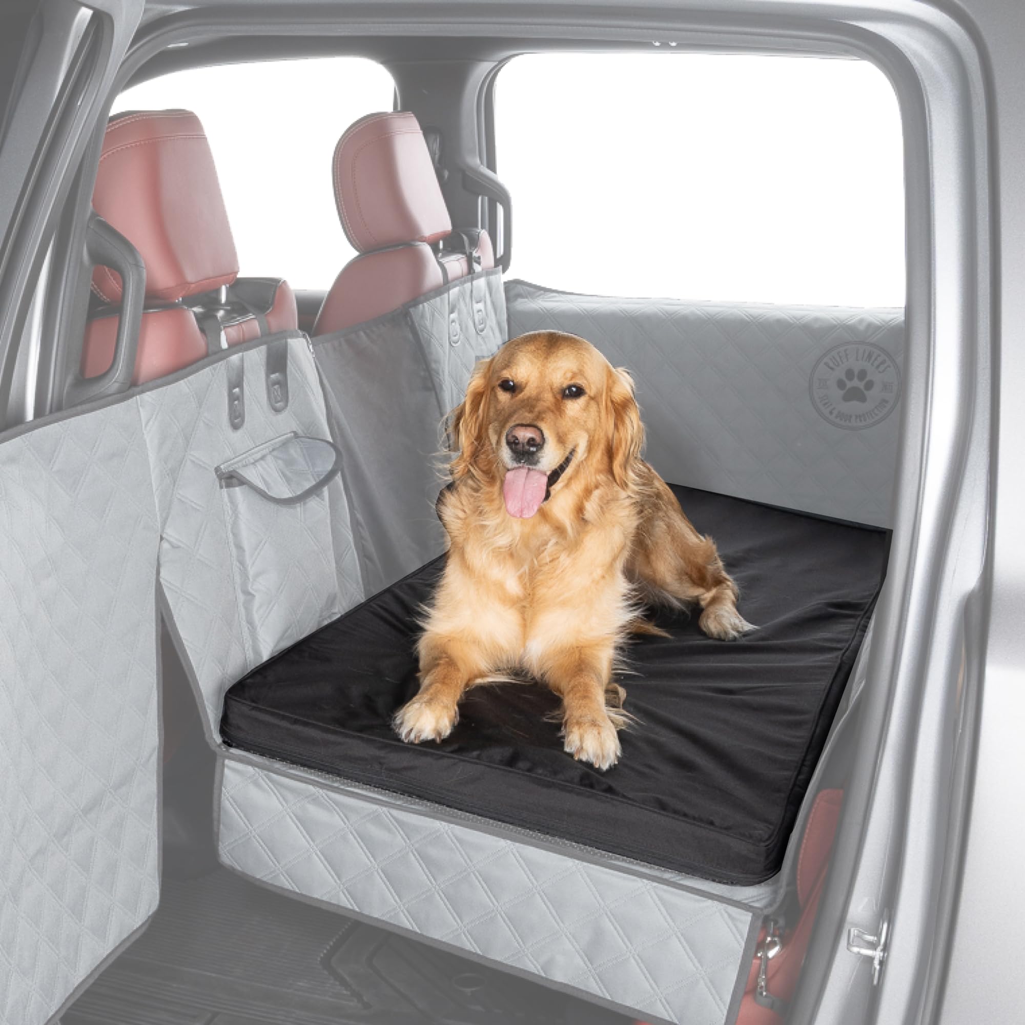 Ruff Liners dog bed on car back seat top view shows cozy travel comfort.