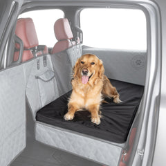 Ruff Liners dog bed on car back seat top view shows cozy travel comfort.