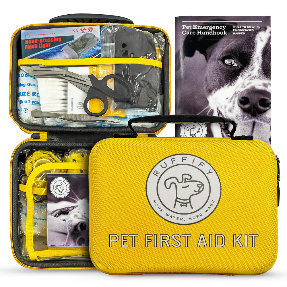 Ruffify dog first aid kit in bright yellow case for quick access