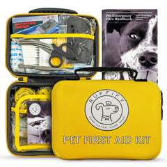 Ruffify dog first aid kit in bright yellow case for quick access