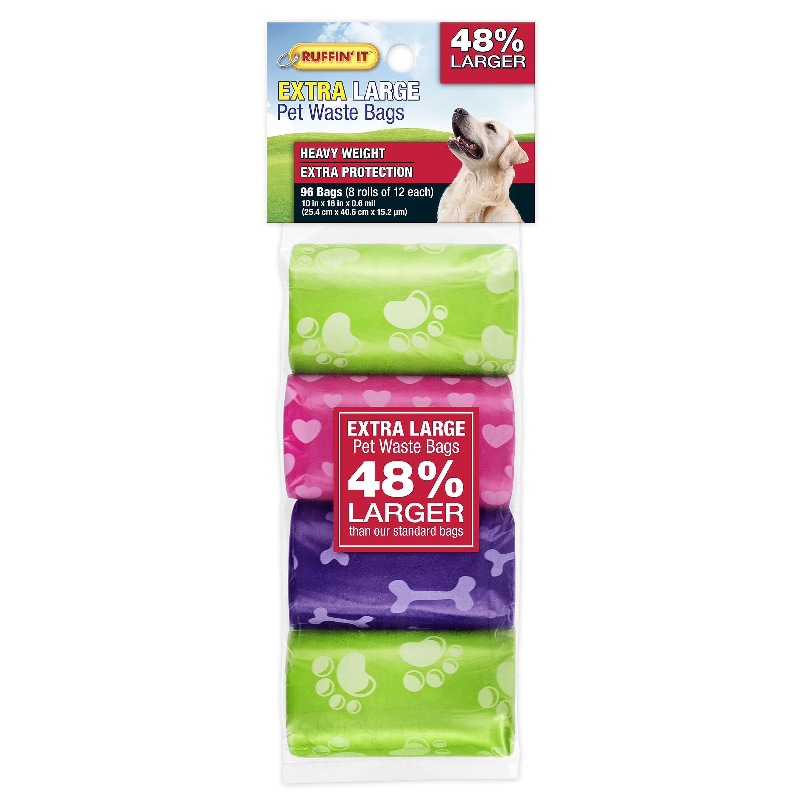 Ruffin' It extra-large waste bags in a 96-pack offer leak-proof protection during cleanup.