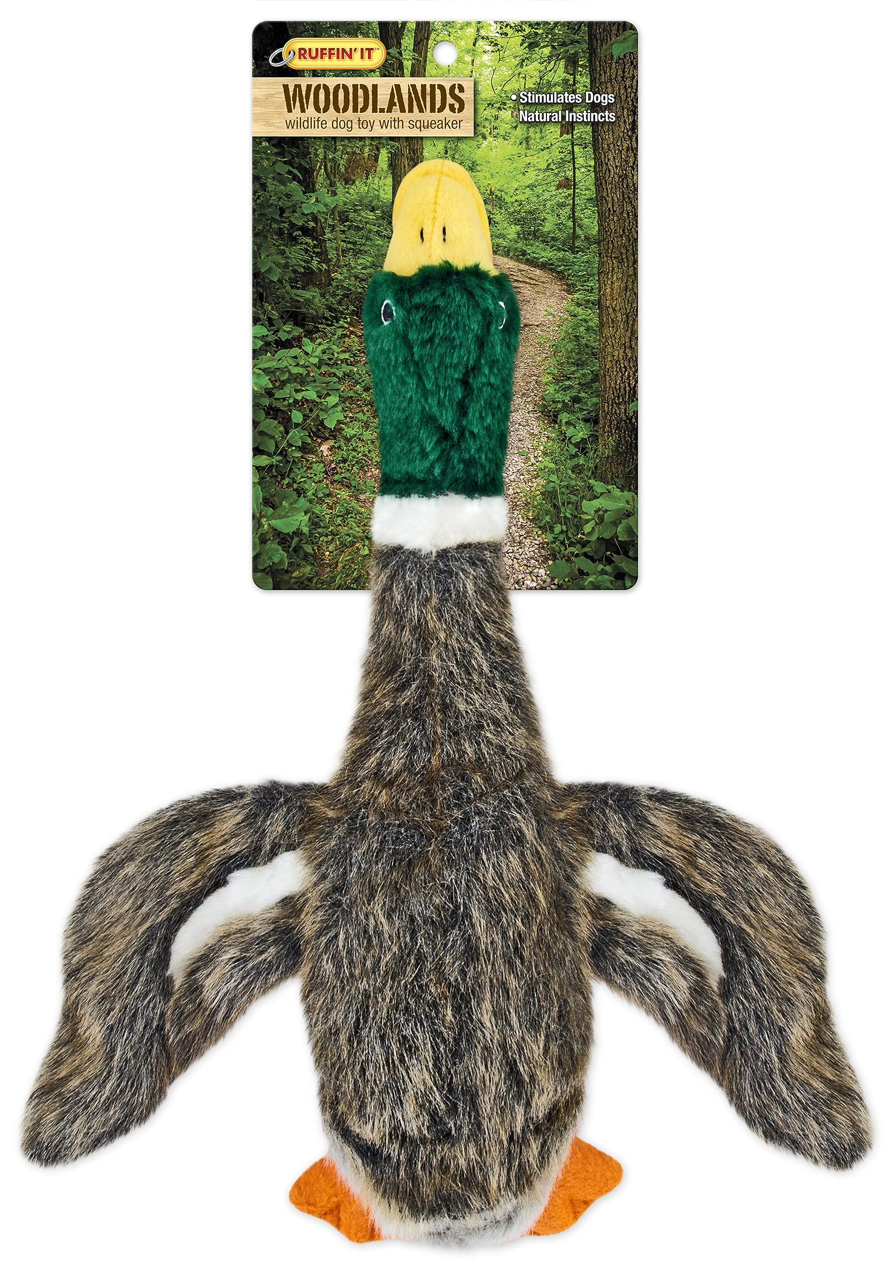Ruffin' It Woodlands Mallard plush dog toy packaging and display image.