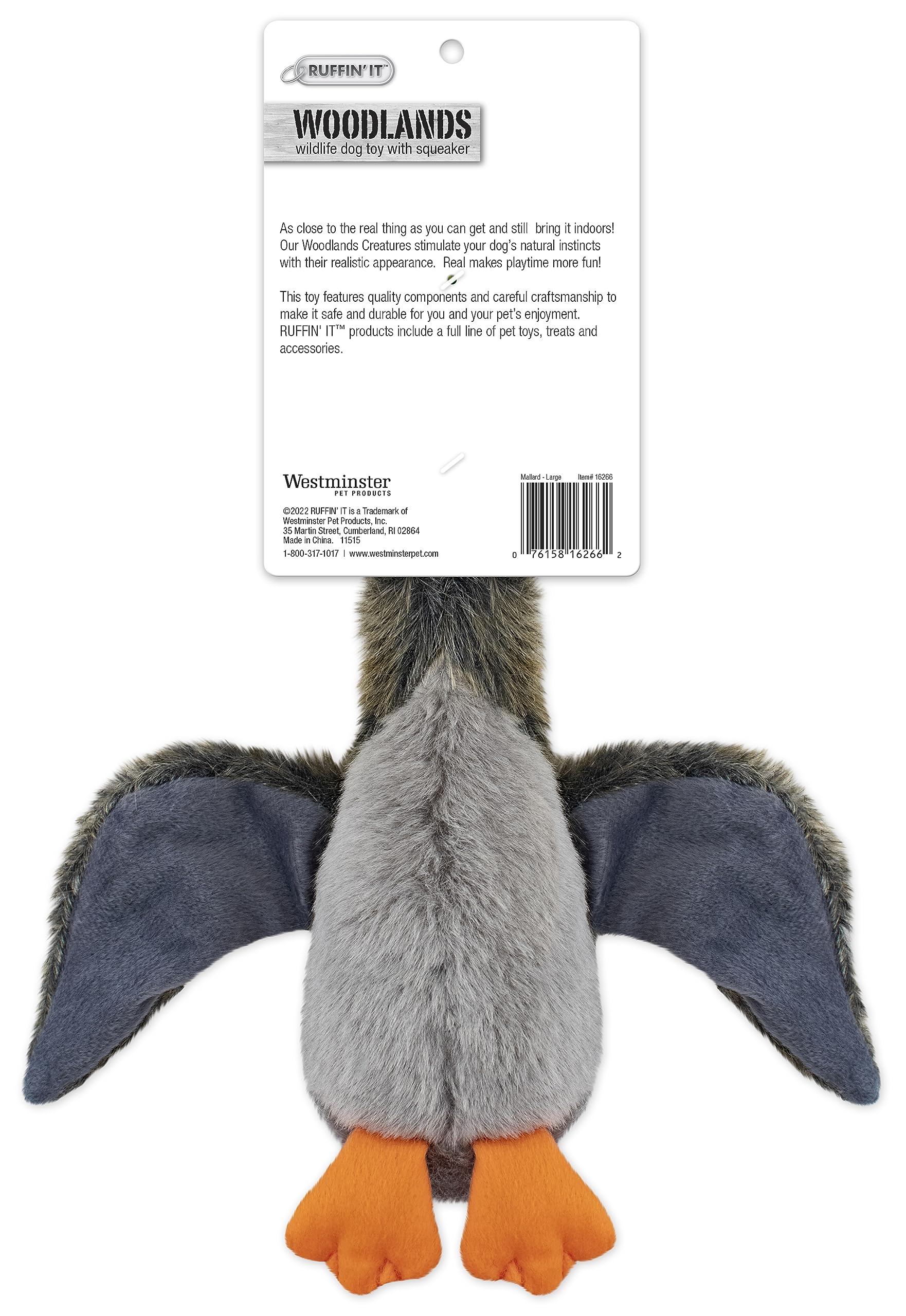 Ruffin' It Woodlands Mallard plush dog toy side view highlighting rugged durability.
