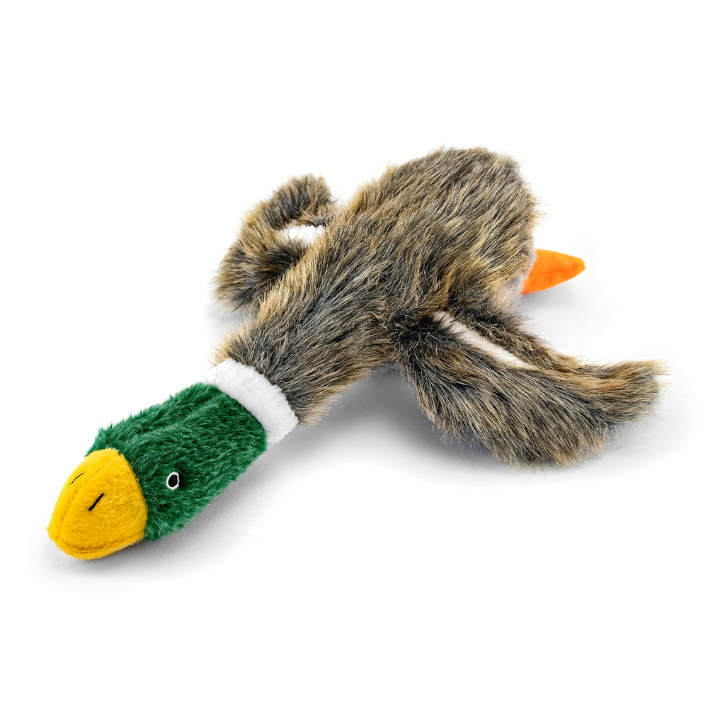 Ruffin' It Woodlands Mallard plush dog toy squeaker close-up for interactive play.