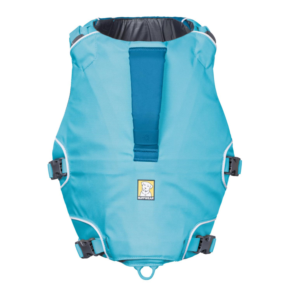 Ruffwear Confluence Life Jacket biolumin-blue-water-dog in action during water activity.